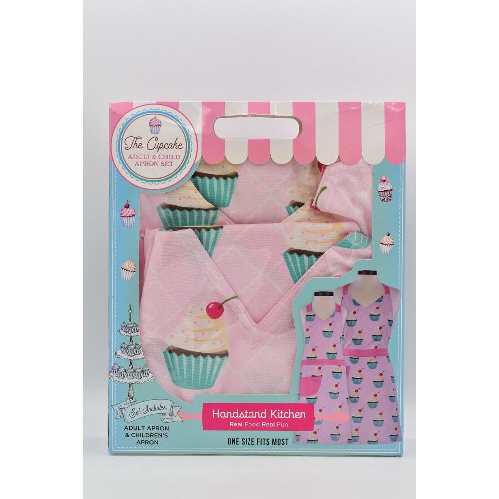 Adult & Child Apron Set Cotton Pink Cupcakes 2 Aprons Handstand Kitchen NEW